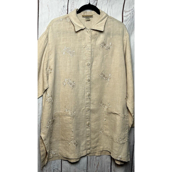 Nu Constructed Women's Vintage 100% Linen Button Down Shirt Tan Size XL - Picture 5 of 13